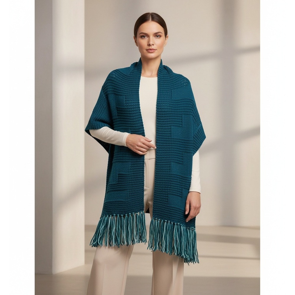 NEW Teal Blue Hand Knitted Shawl Wrap Boho Hippie Fringe Artsy Indie